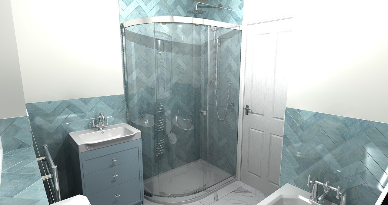 3D render of Brentwood CM13 family bathroom showing quadrant shower, vanity, towel rail, and bath