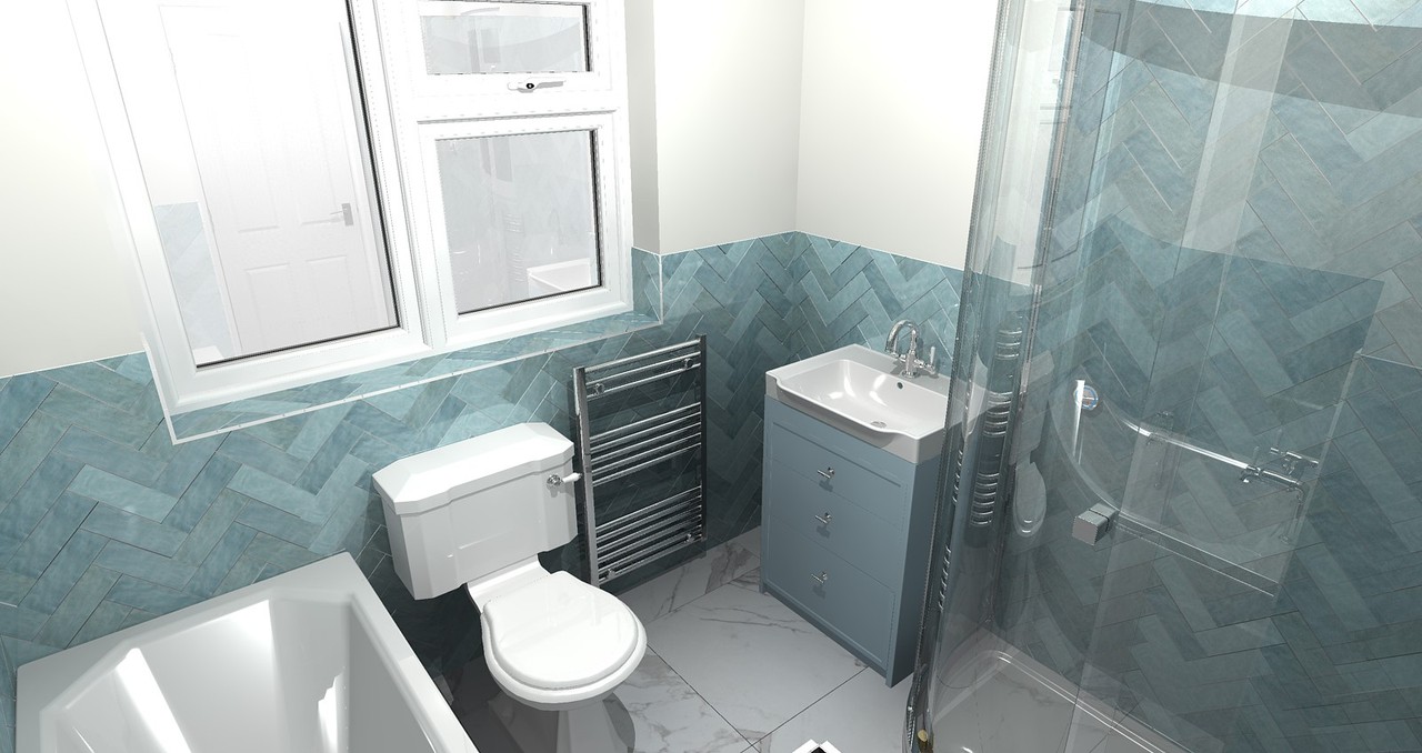 3D render of Brentwood CM13 bathroom window wall showing WC, towel rail, vanity, and shower