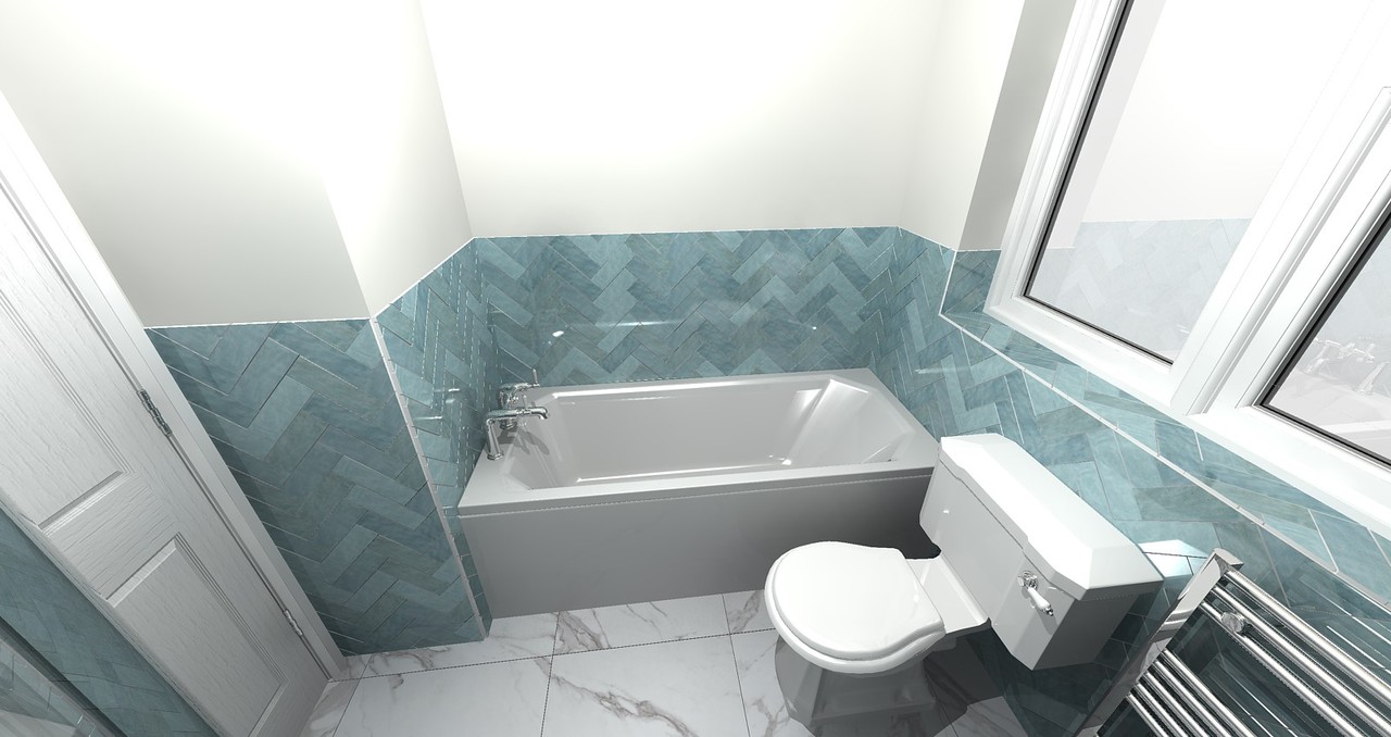 3D render of Brentwood CM13 bathroom looking down at bath, toilet, and herringbone tile alcove