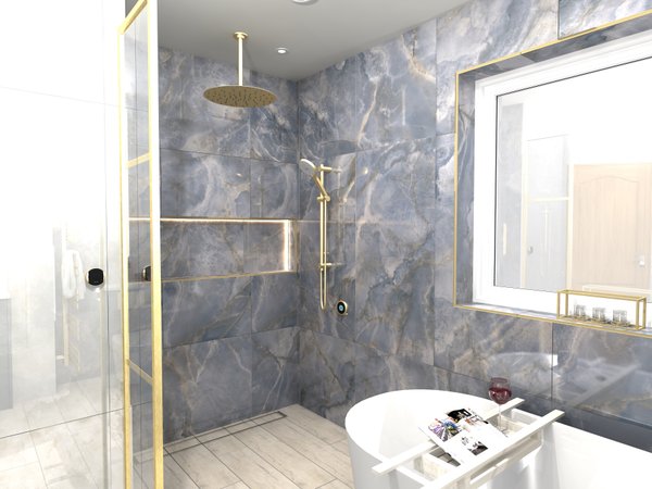 3D design render showing bath and wetroom shower together in Brentwood CM13 luxury bathroom