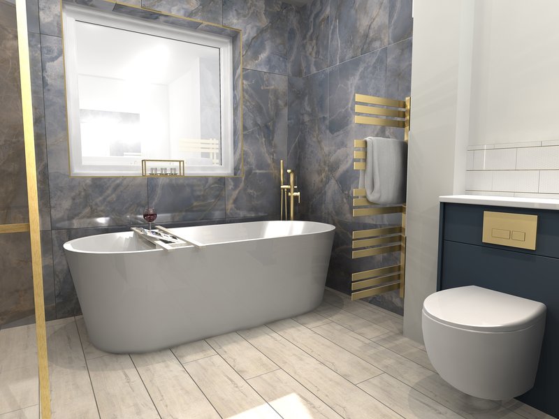 3D design render of the BC Designs Viado freestanding bath under the window with brass towel rail, Brentwood CM13