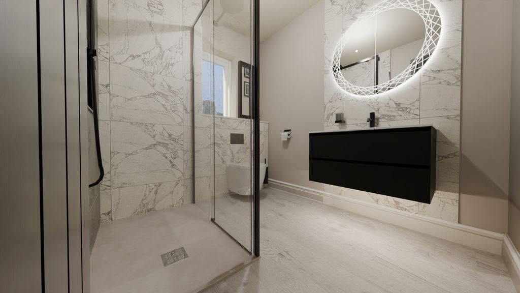 3D design render showing shower enclosure vanity and mirror layout in Bures CO8 ensuite
