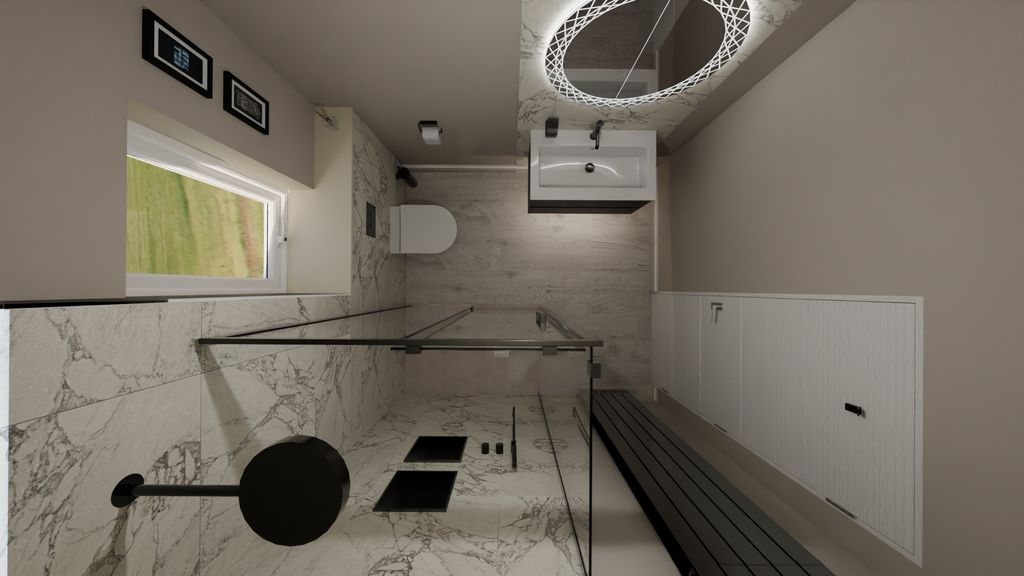 Bird's-eye 3D plan view of Bures CO8 ensuite showing full layout from above