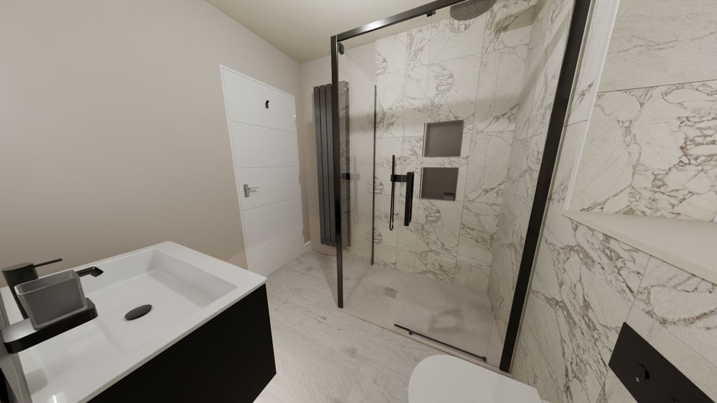 3D render from vanity end looking toward shower enclosure with niches and radiator in Bures CO8