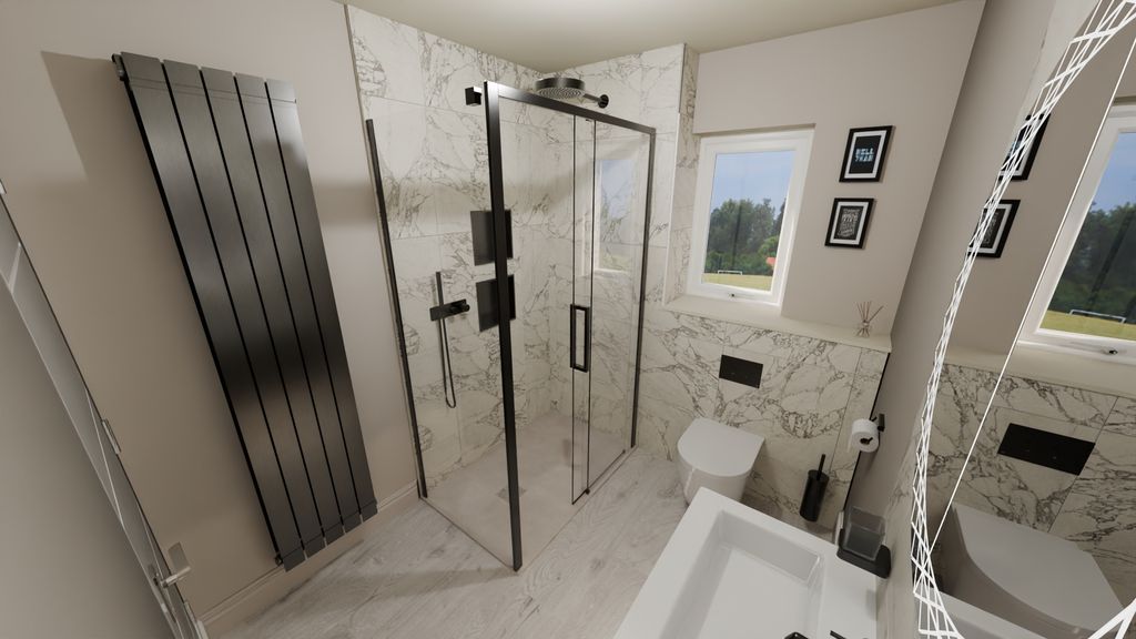 3D render from shower end showing radiator shower enclosure WC and vanity in Bures CO8