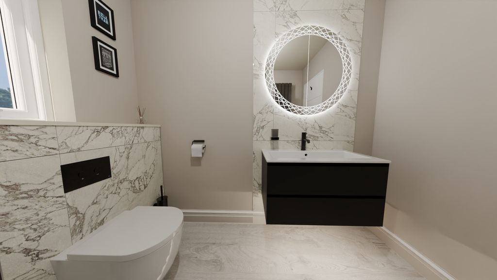3D render of WC and vanity wall with HiB Bellus mirror in Bures CO8 ensuite