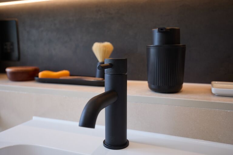 Matt black basin tap detail on white basin Chelmsford CM2 Essex luxury shower room