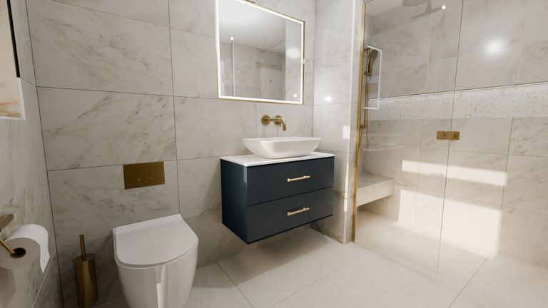 3D design render for Chelmsford luxury master ensuite showing marble walls, navy vanity and gold brassware