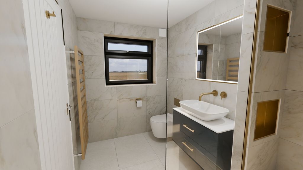 3D render showing Zehnder Tetris radiator window vanity and niches Chelmsford CM3
