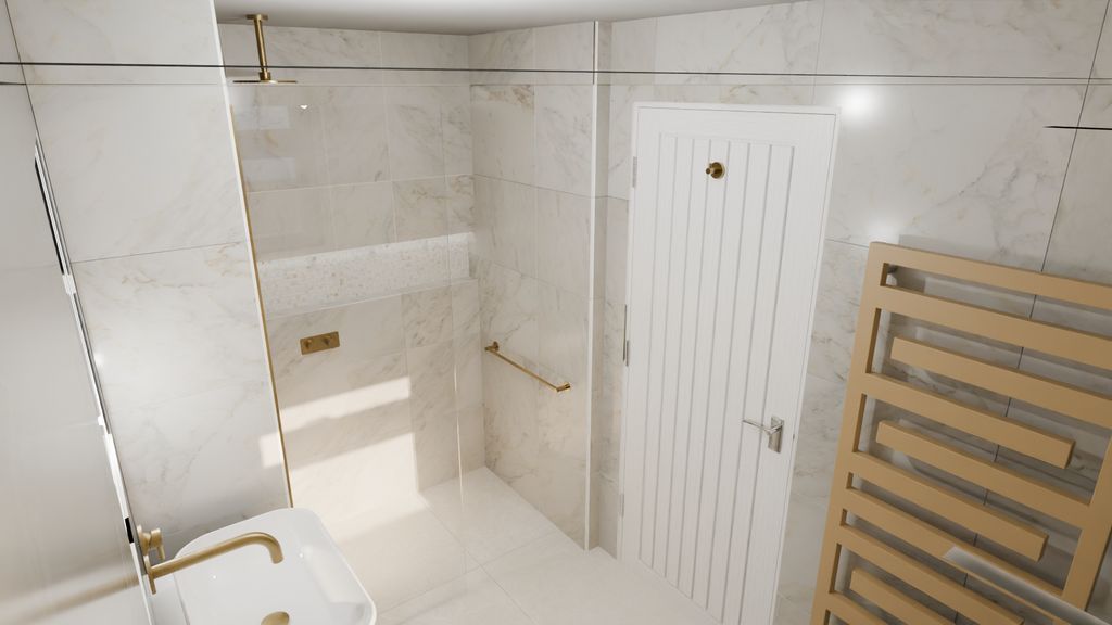 3D render of WC wall with Zehnder Tetris radiator in Golden Sand Chelmsford CM3