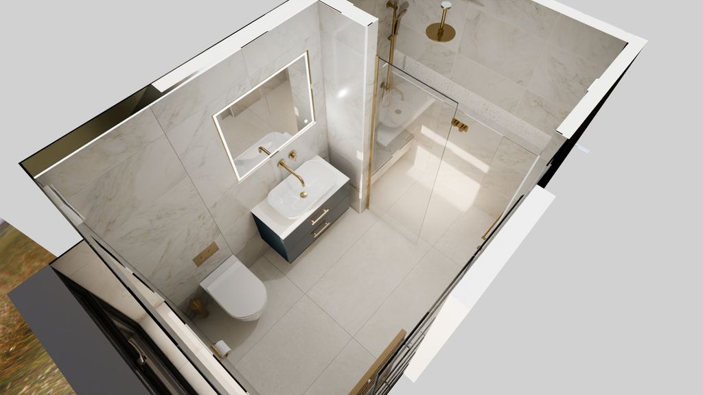 Bird's-eye 3D plan view of complete honed marble ensuite layout Chelmsford CM3
