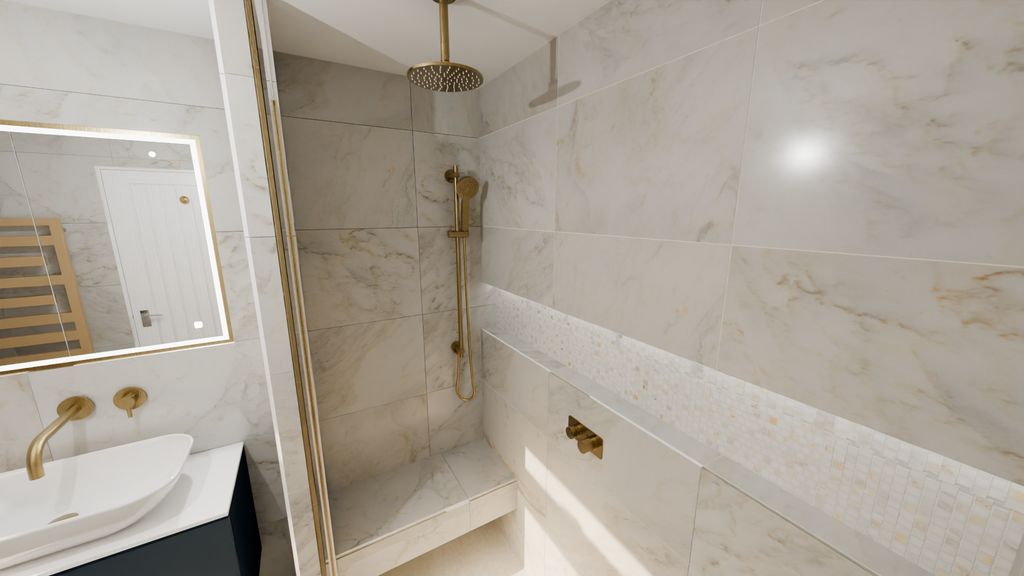 3D overview render of complete honed marble master ensuite Chelmsford CM3