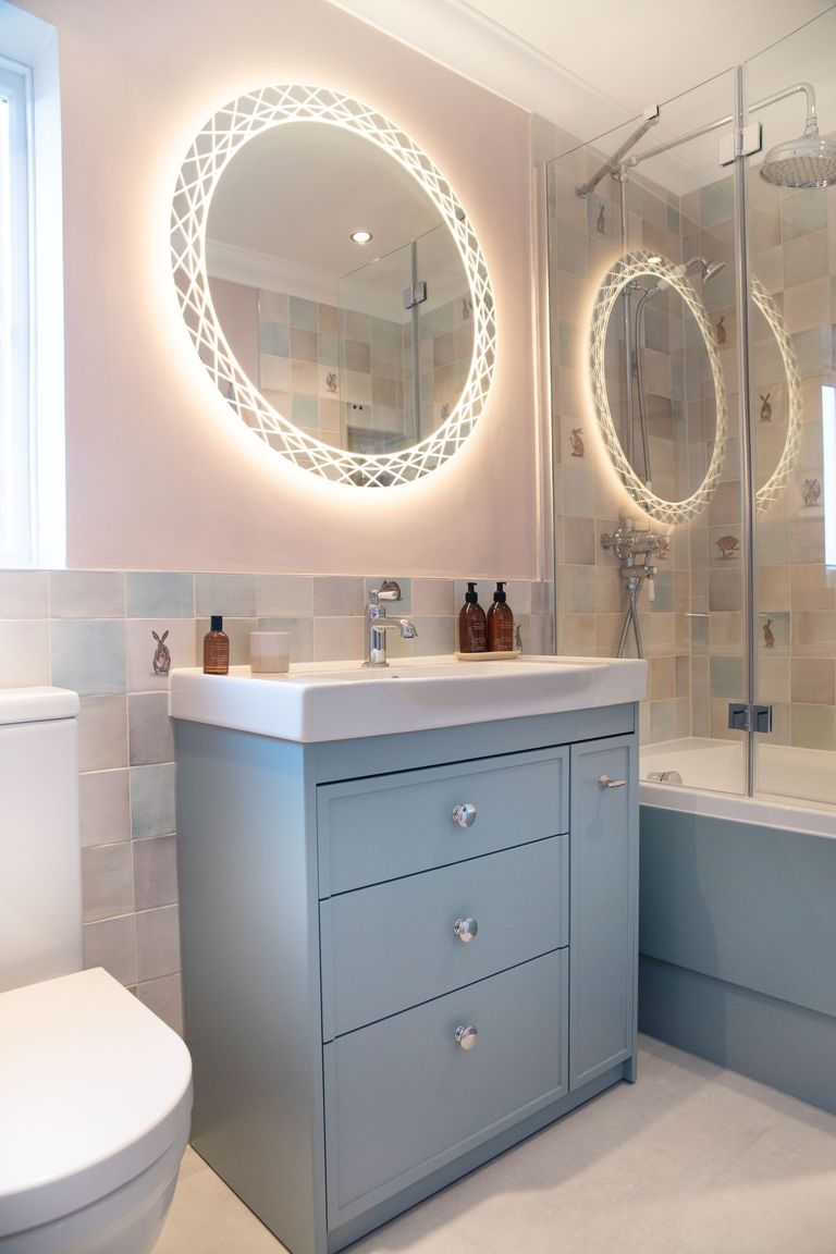 Roper Rhodes Concierge vanity in Coniston Blue with HiB Bellus mirror in Coggeshall CO6 cottage bathroom