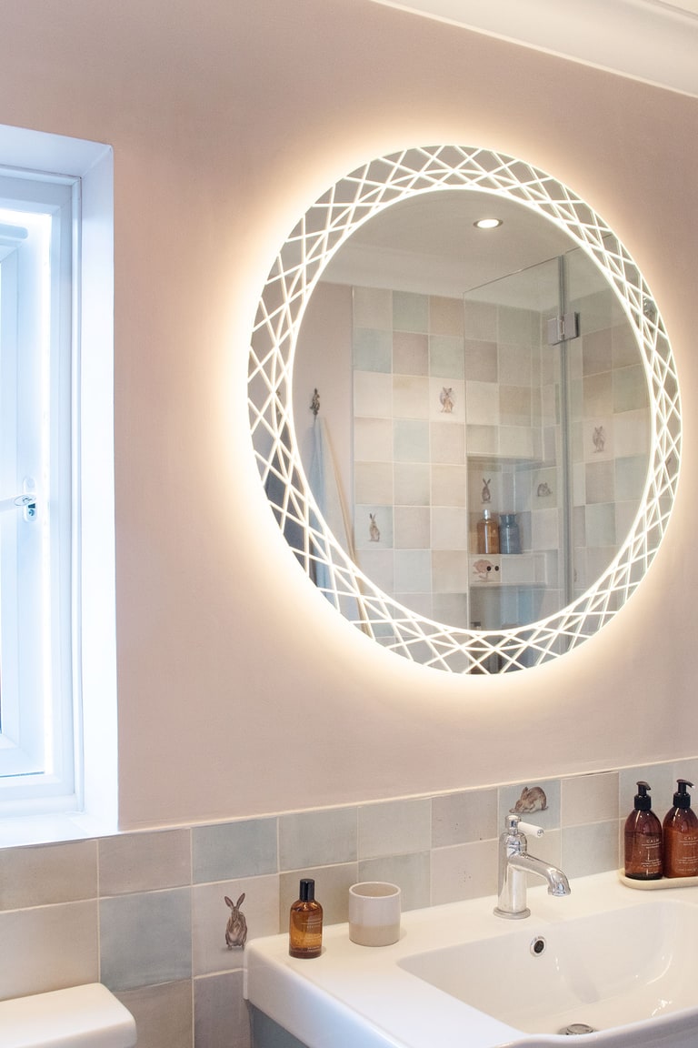 Completed country cottage bathroom Coggeshall CO6 Ca' Pietra Wiltshire Hares tiles Roper Rhodes Coniston Blue Bowmans