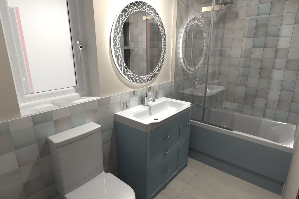 3D render of bath zone with tiles and shower over bath Coggeshall CO6