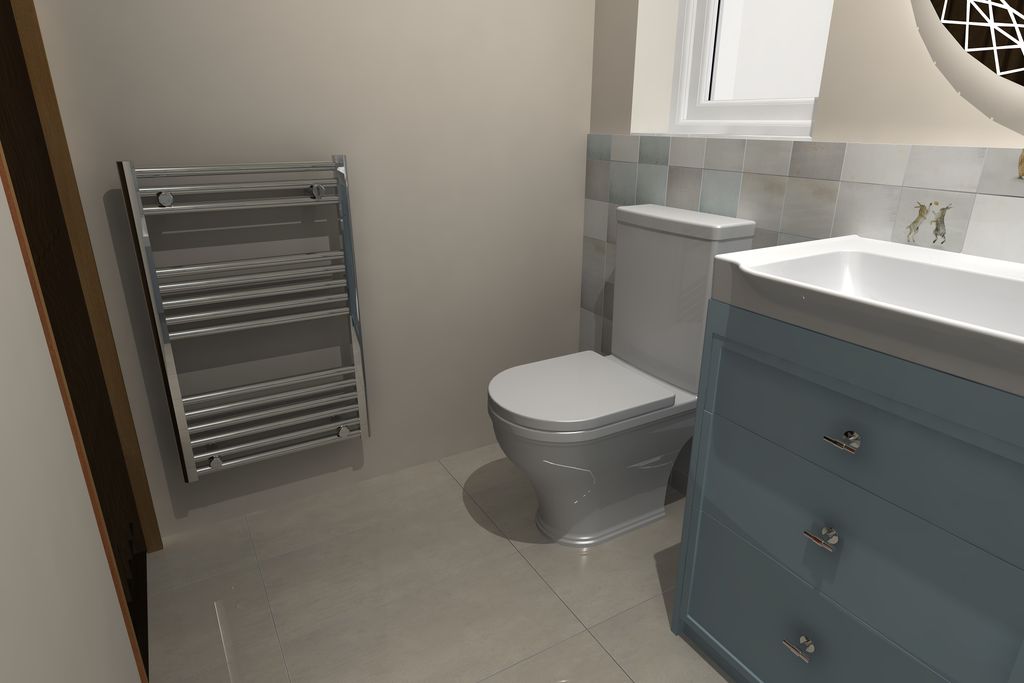 3D render of Coniston Blue vanity and HiB Bellus mirror Coggeshall CO6