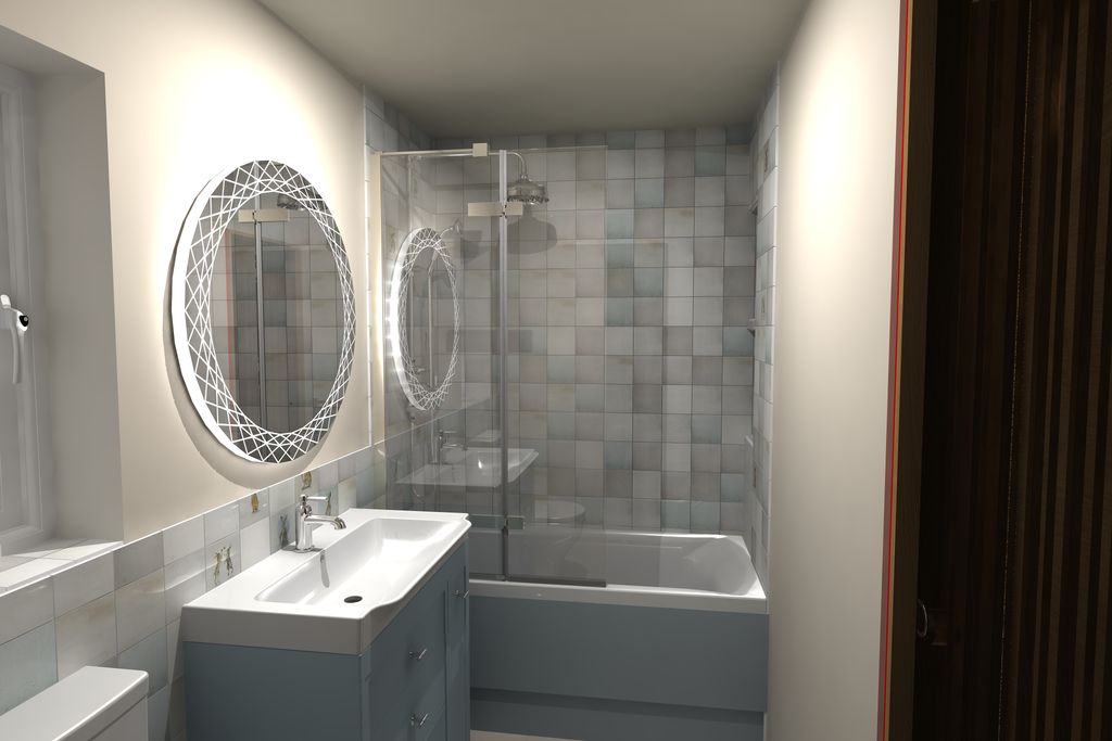 3D render from doorway showing full cottage bathroom layout Coggeshall CO6