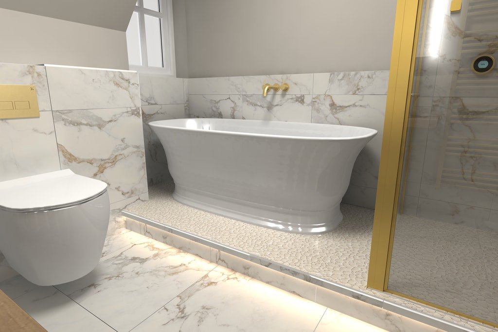 3D render of freestanding bath on raised ledge with LED lighting Colchester CO1