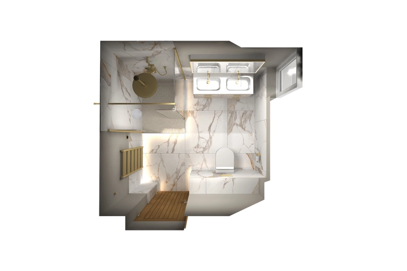 3D luxury master ensuite design render complete overview Copford Green CO6 Essex bathroom planning visualisation Bowman Bathrooms