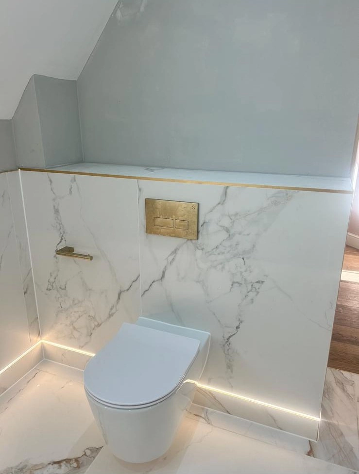 Wall mounted Crosswater WC with LED lighting and toilet roll holder Copford Green CO6 Essex modern bathroom