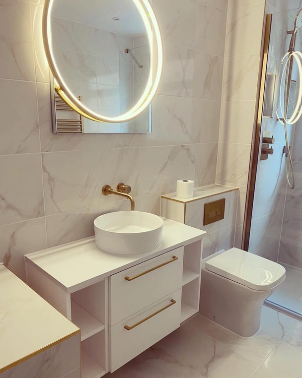 HiB Solas LED mirror vessel basin and Crosswater MPRO brass taps Great Baddow CM2 family bathroom