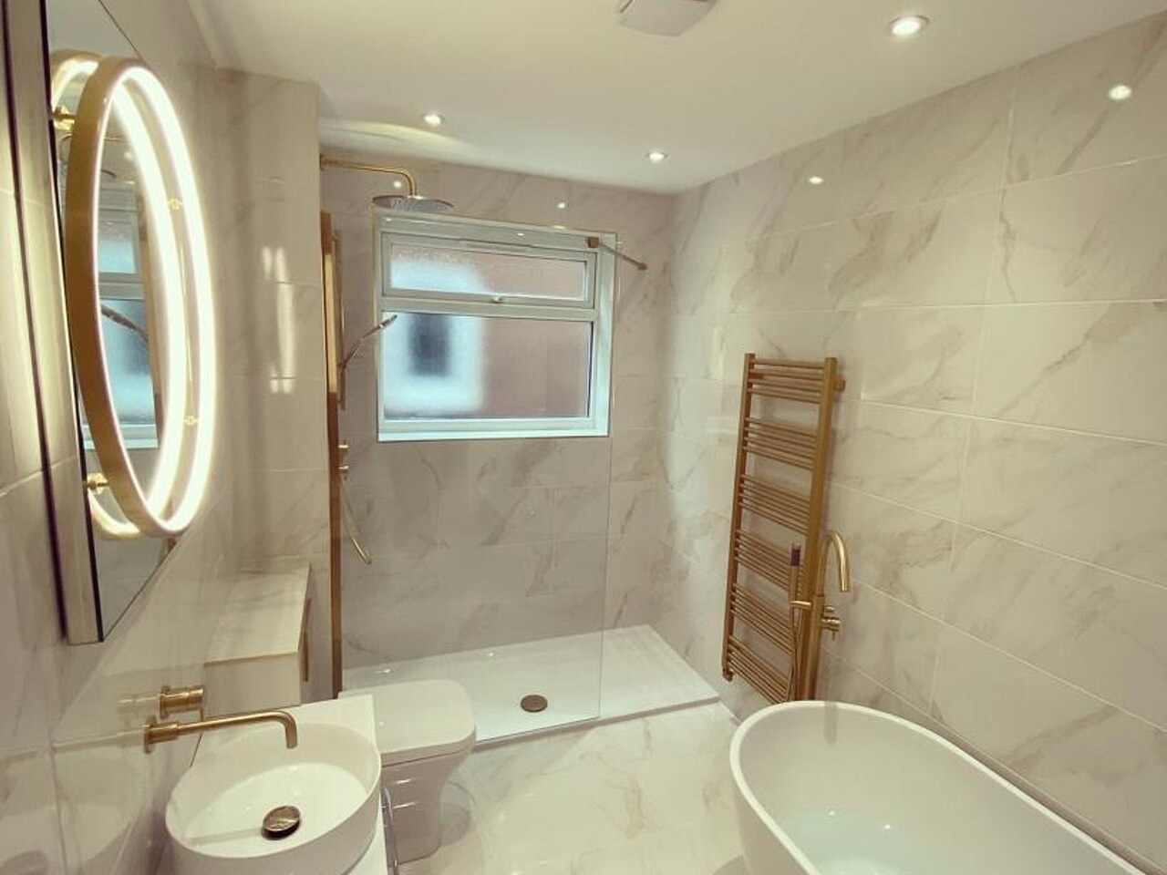 Complete family bathroom overview Crosswater MPRO brushed brass HiB Solas mirror Great Baddow CM2