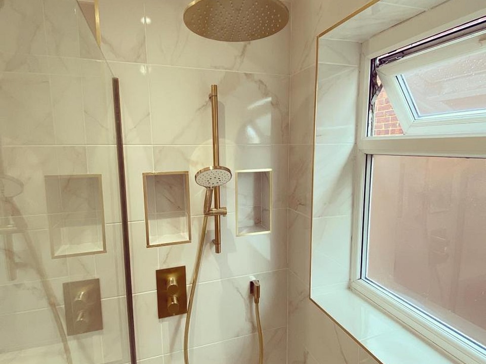 Twin shower niches with brass frames Crosswater MPRO rainfall head and hand shower Great Baddow CM2