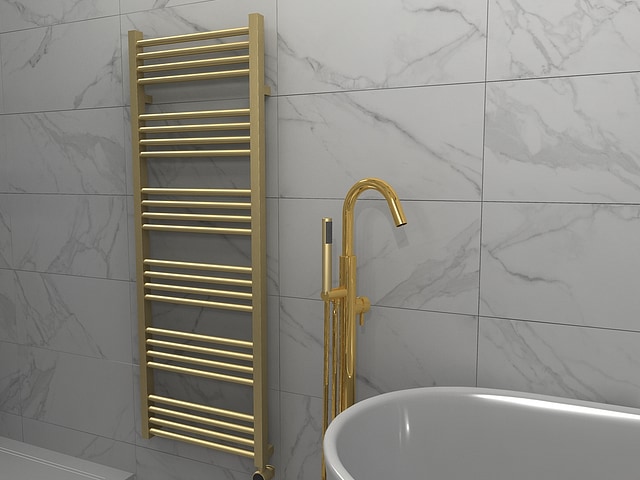 3D design render for Great Baddow family bathroom showing brushed brass towel rail and freestanding bath tap