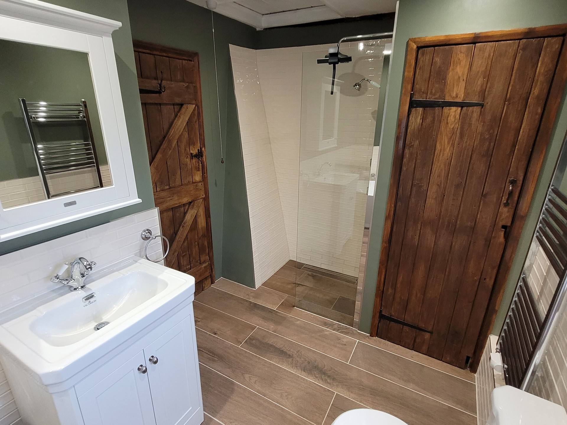 Wide view vanity mirrored cabinet rustic doors and wetroom shower Great Bardfield CM6