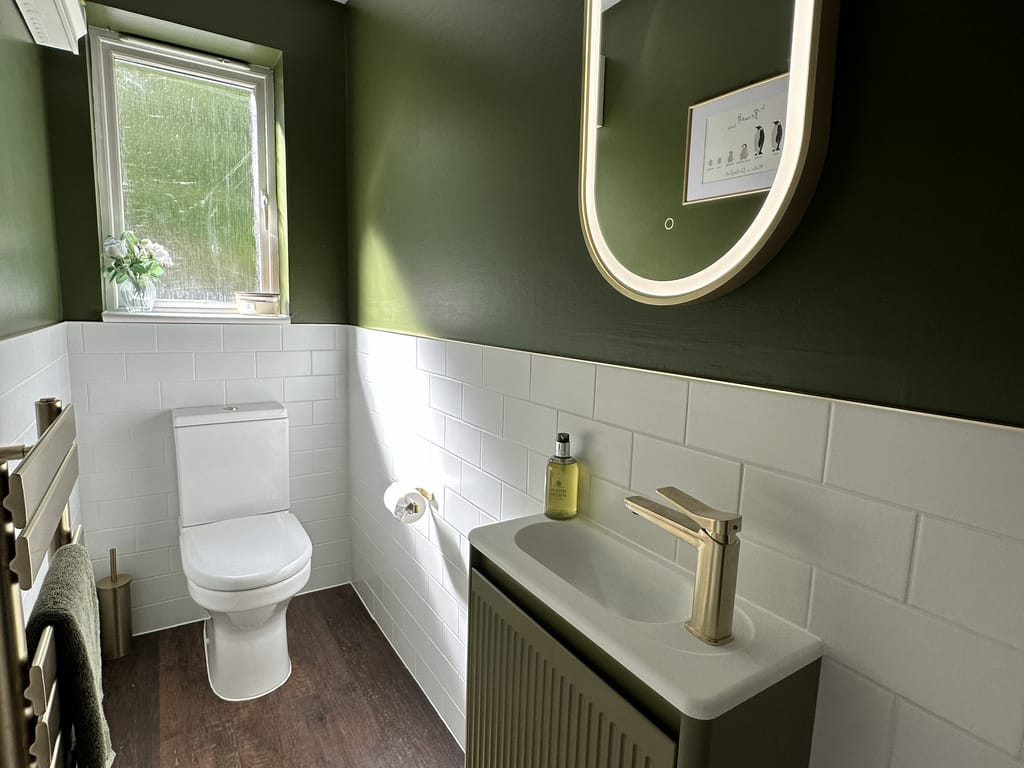 HiB Adorn Olive vanity, Charlotte WC, Capsule LED mirror and natural window light in Great Leighs CM3 cloakroom