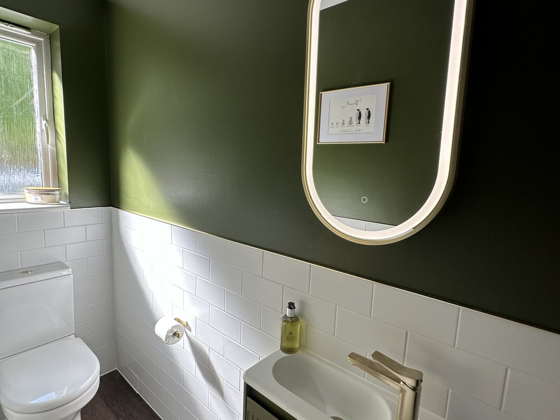 Capsule LED mirror above HiB Adorn vanity with white metro tile splashback and dark green walls Great Leighs CM3