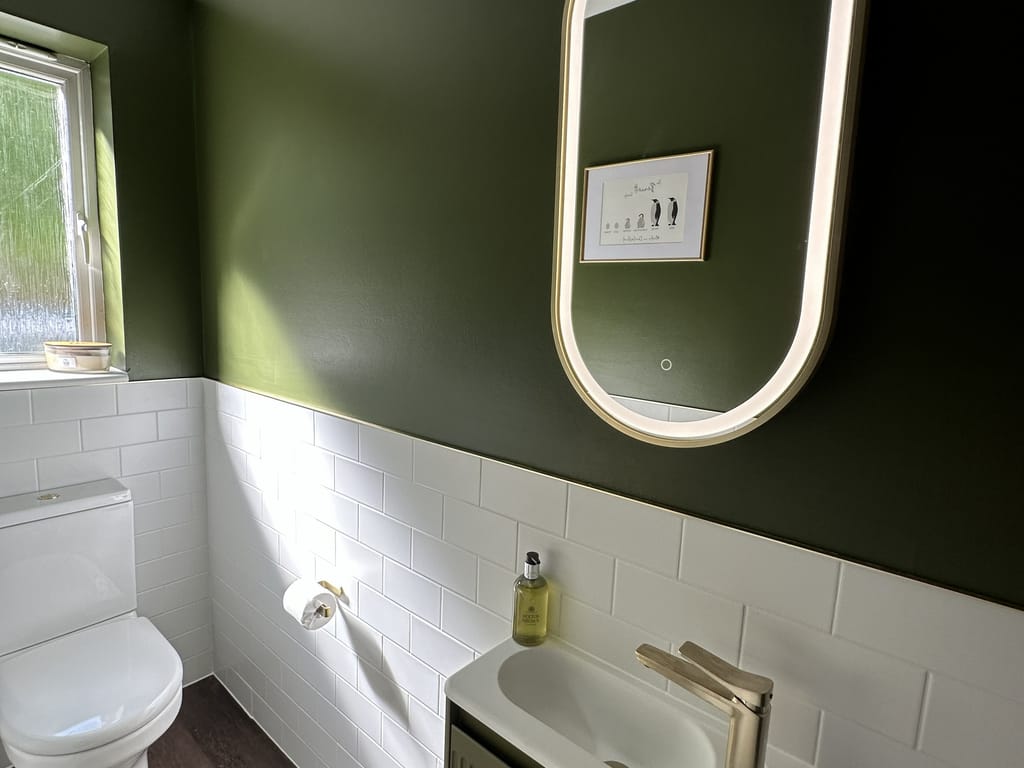 Capsule LED mirror above HiB Adorn vanity with white metro tile splashback and dark green walls Great Leighs CM3