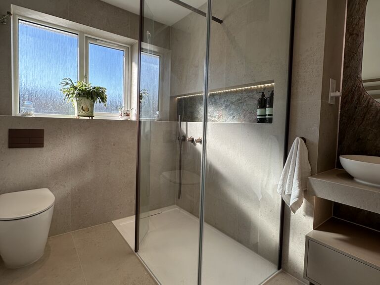 Great Notley CM77 luxury shower room walk-in shower with bronze brassware
