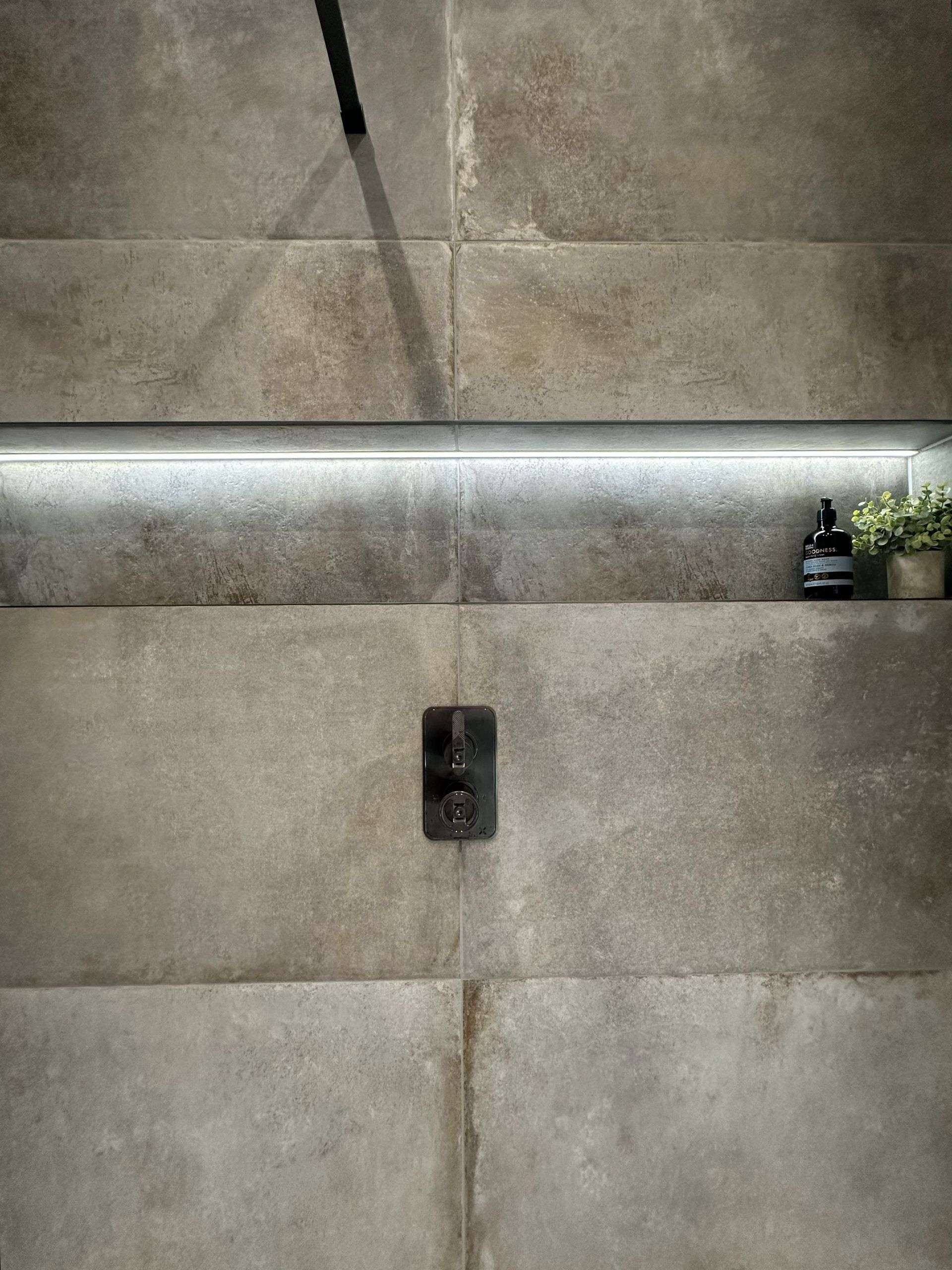 LED shower niche shelf with Crosswater Union 2-handle trimset controls in brushed black chrome Great Saling CM7