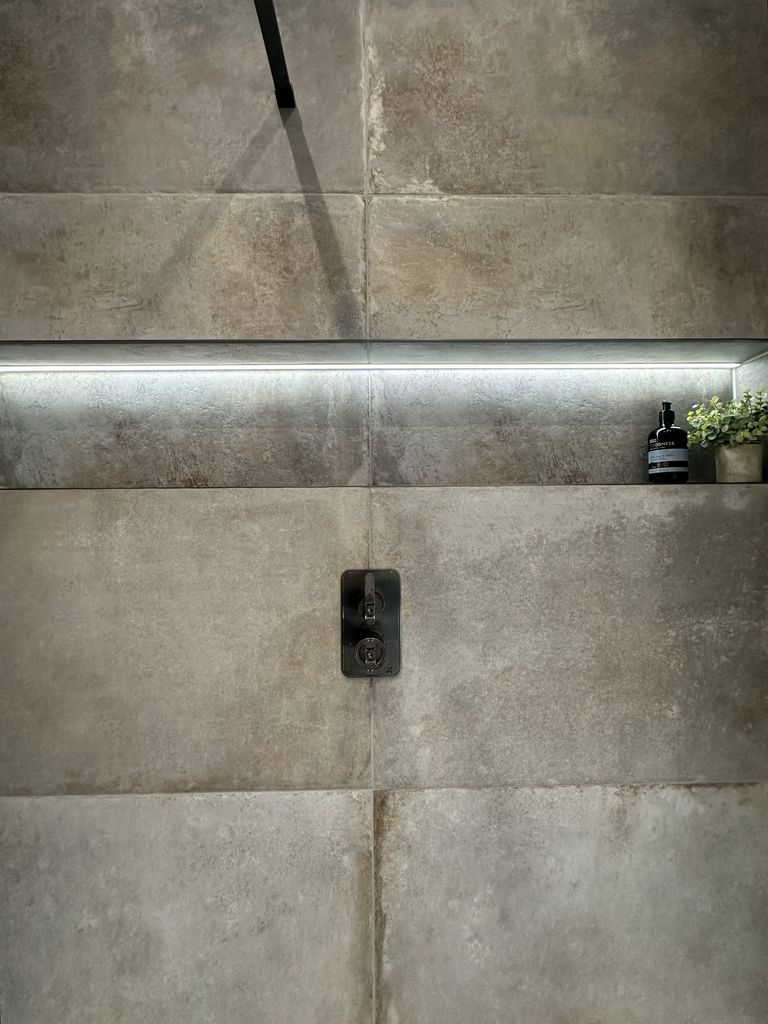 LED shower niche shelf with Crosswater Union 2-handle trimset controls in brushed black chrome Great Saling CM7