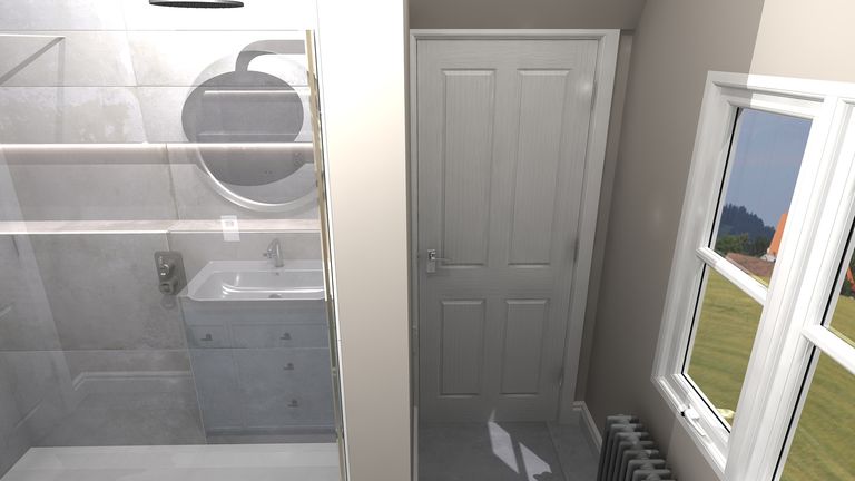 3D design render showing complete heritage shower room layout Grade 2 listed rectory Great Saling CM7