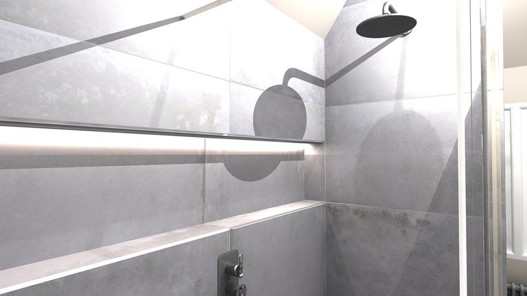 3D render showing LED shower niche with Crosswater Union controls heritage shower room Great Saling CM7