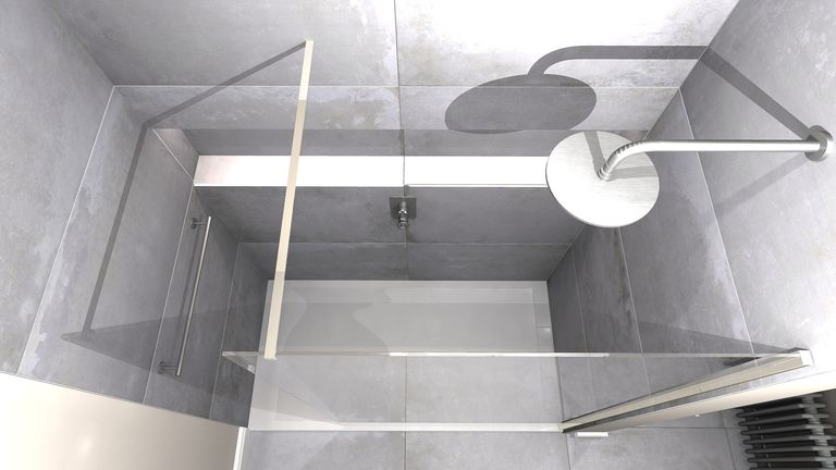 3D top-down view of walk-in shower with Gallery 8 enclosure and Ca' Pietra Cenere tiles Great Saling CM7
