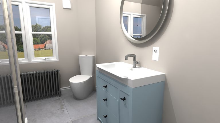 3D render of Roper Rhodes Concierge vanity in Coniston Blue with HiB Vaida 80 LED mirror Great Saling CM7