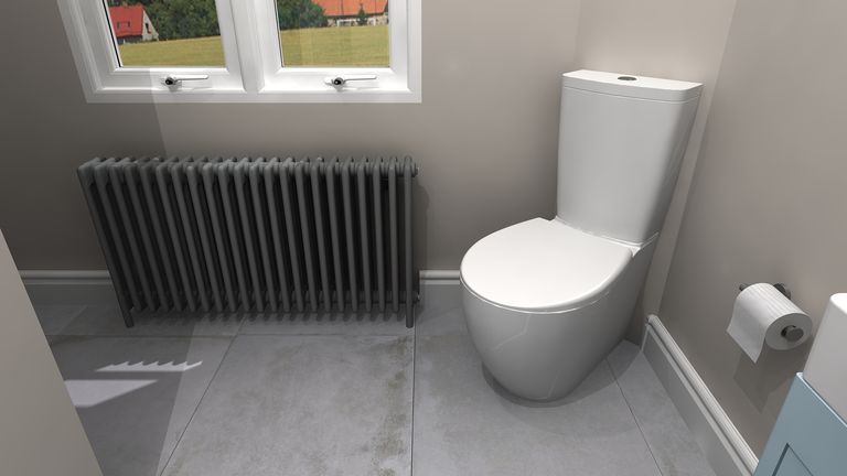 3D render showing Paradigm WC with Vogue UK Aestus cast iron radiator heritage bathroom Great Saling CM7