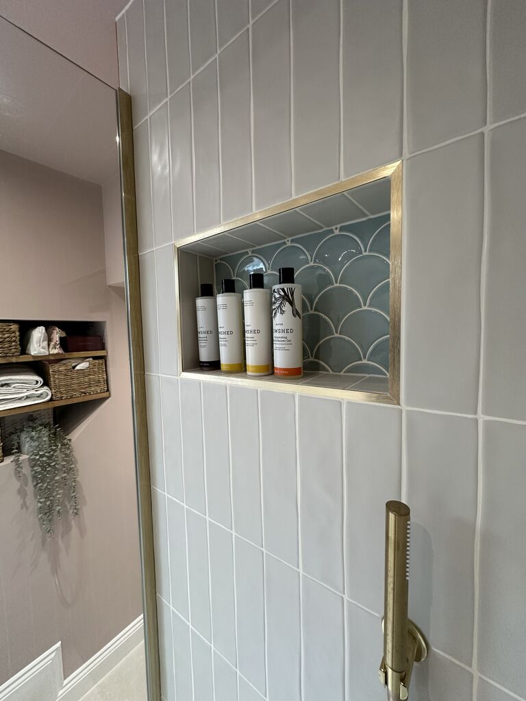 Fishscale tile lined shower niche with brass trim Great Waltham CM3 Essex bathroom