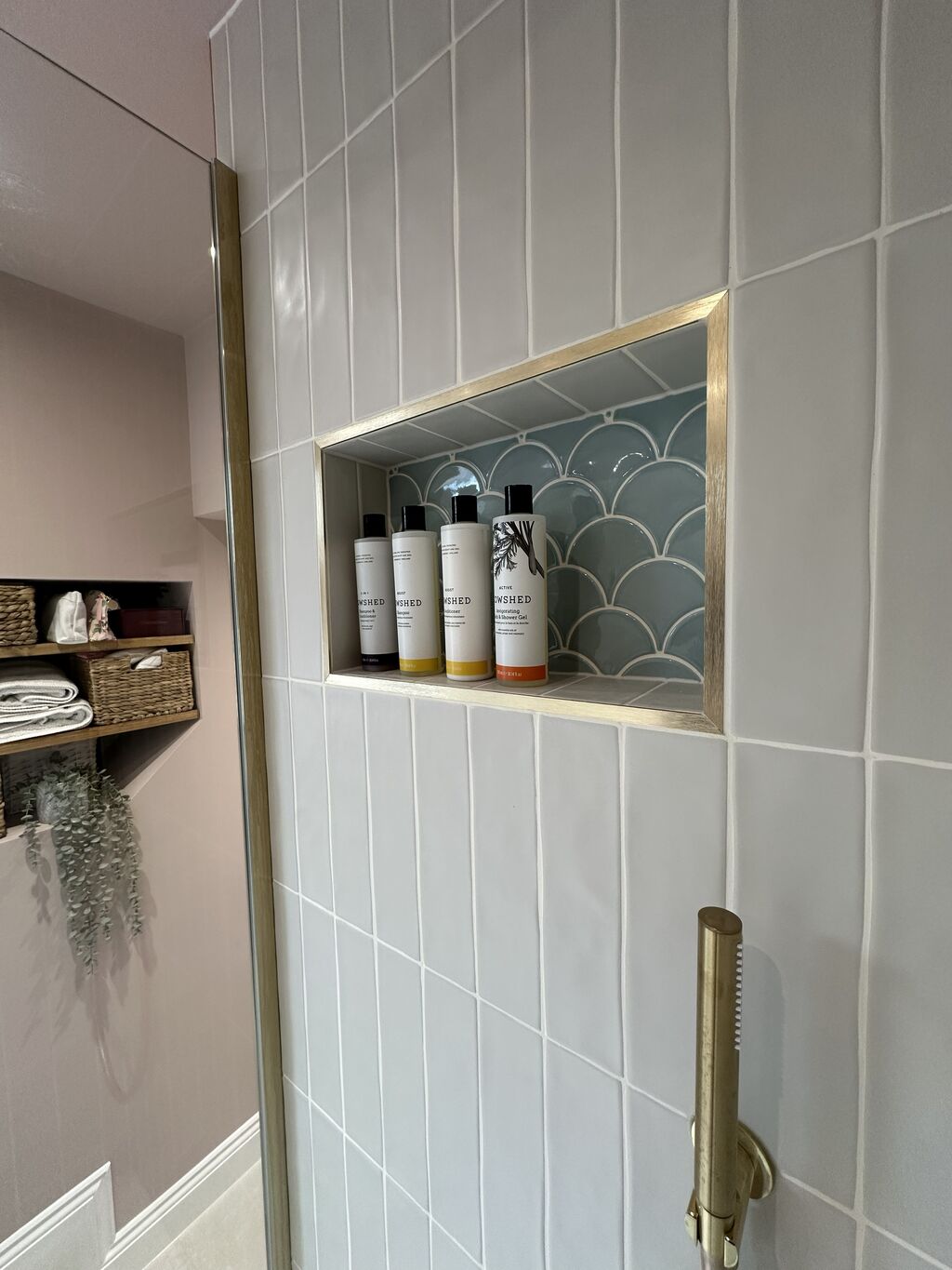 Fishscale tile lined shower niche with brass trim Great Waltham CM3 Essex bathroom