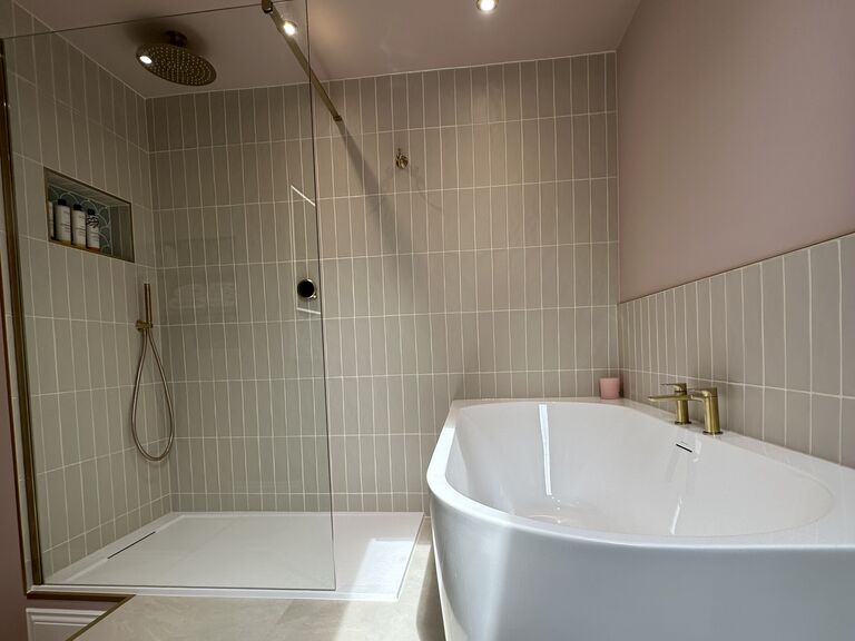 Great Waltham CM3 blush pink family bathroom with sage tiles and brass in a listed home