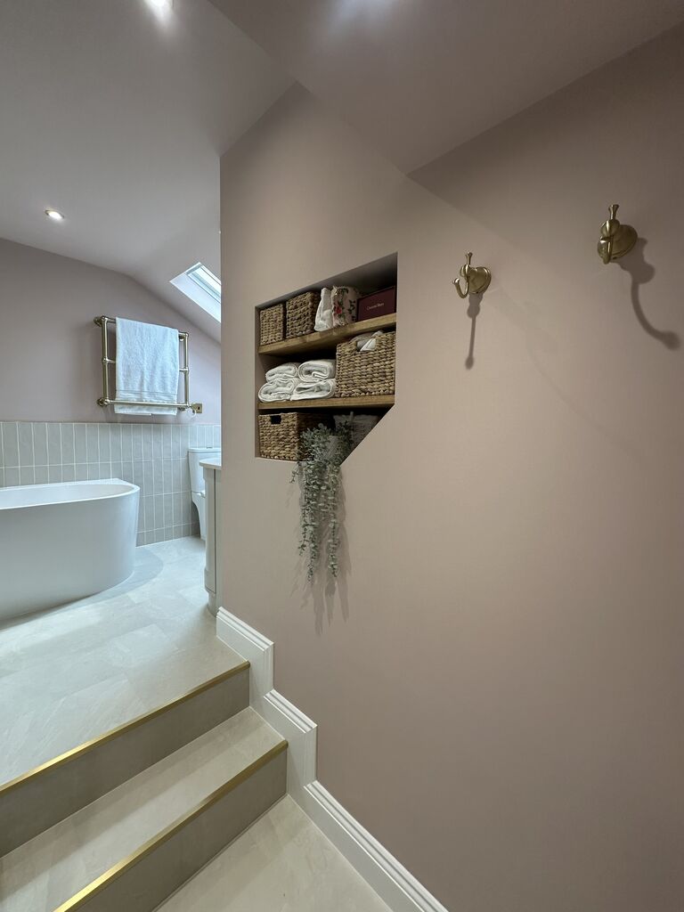 Split-level entry steps with brass nosing and recessed shelving Great Waltham CM3 Essex