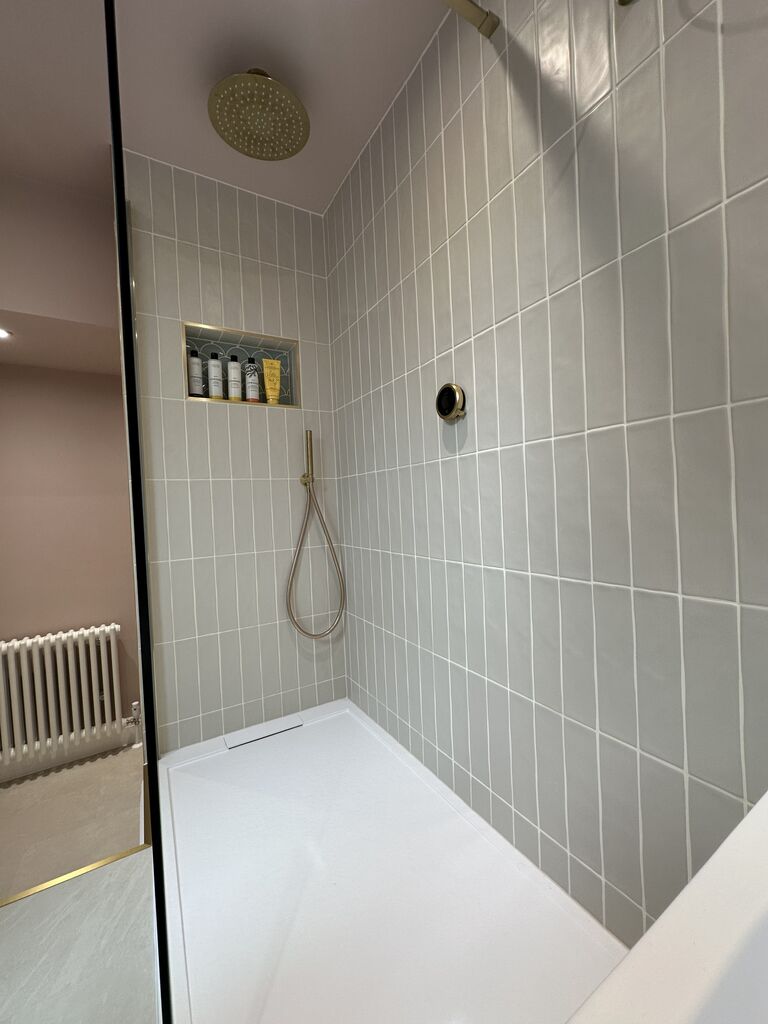 Walk-in shower with brass rain head hand shower and Elisa smart control Great Waltham CM3 Essex