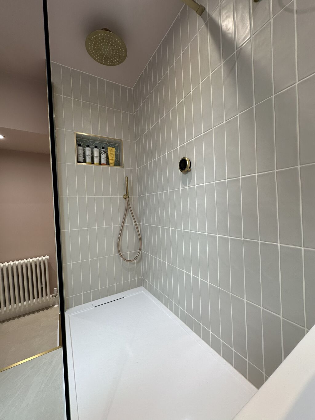 Walk-in shower with brass rain head hand shower and Elisa smart control Great Waltham CM3 Essex