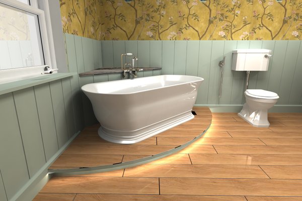 3D design render of the freestanding bath on a curved ledge, from the Halstead CO9 family bathroom project