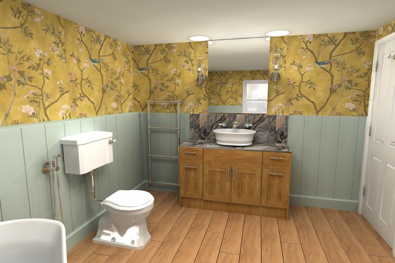 3D render of vanity feature wall Halstead CO9 oak furniture design