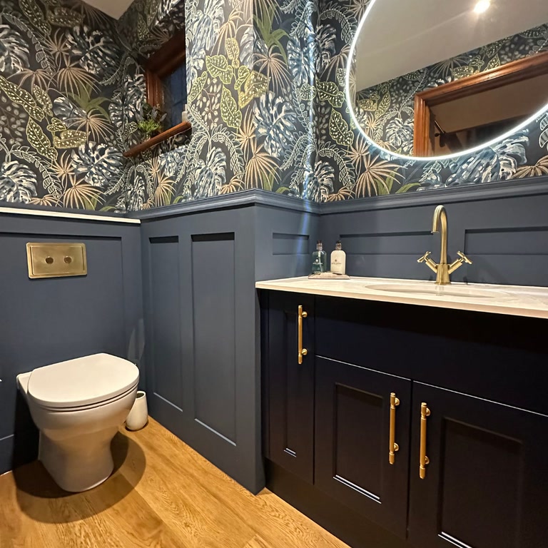 Luxury cloakroom Hatfield Peverel CM3 navy Calypso vanity jungle wallpaper JTP brushed brass Bowmans