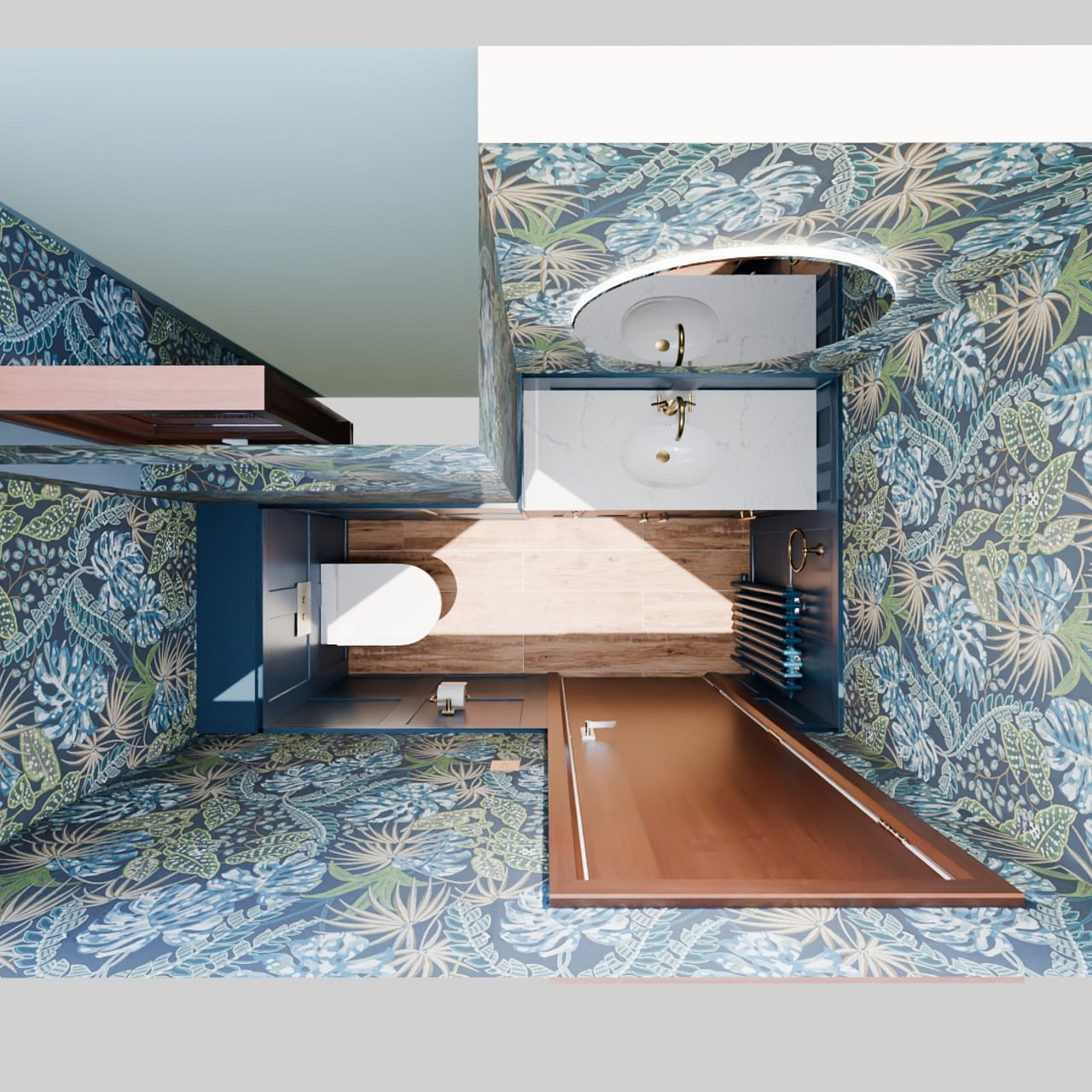 Top-down design render of a compact cloakroom layout showing WC recess and basin nook, Essex